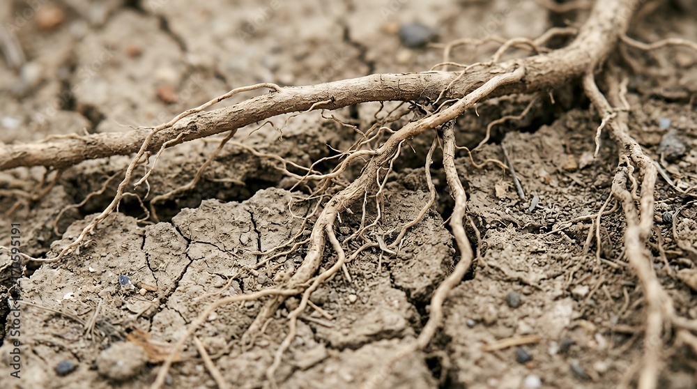 Fototapeta premium Macro Detail of Dry Soil with Exposed Plant Roots extreme close-up dehydrated earth fragile soil structure fine root systems parched ground drought impact environmental stress land