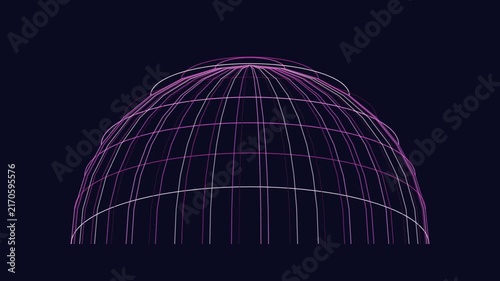 Glowing digital wireframe dome structure rotating in dark virtual space.