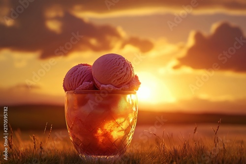 Delightful ice cream cone bathed in golden sunset glow at the beach
