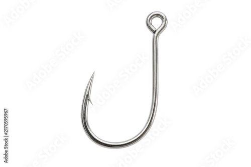 Quadro su tela Single shiny silver metal fishing hook with a sharp barb and eyelet, isolated on