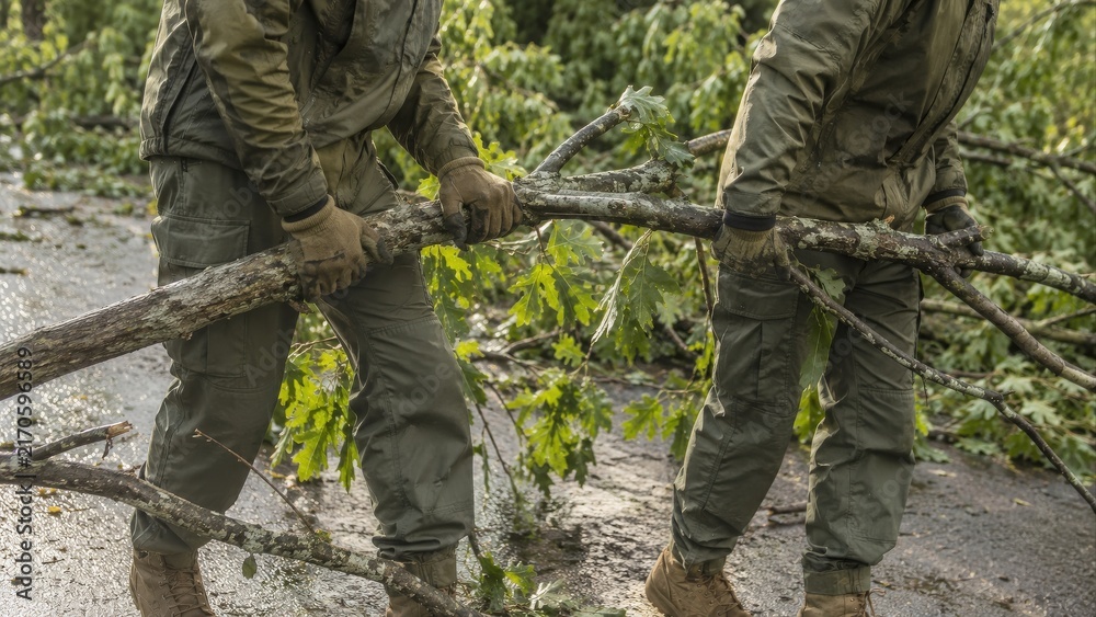 Fototapeta premium Two soldiers carrying fallen branch during storm cleanup