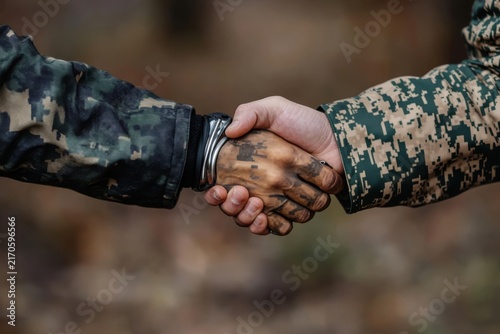 Close up handshake between military soldier and comrade with prosthetic arm