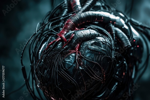 Futuristic mechanical artificial heart with wires in dark cybernetic concept
