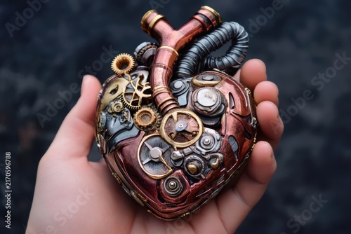 Steampunk mechanical heart masterpiece with intricate clockwork gears and pipes