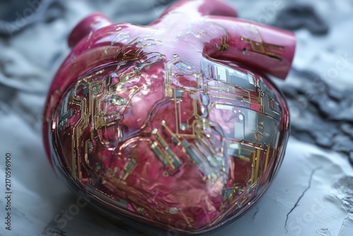 Electronic heart with integrated circuits metaphor of artificial intelligence