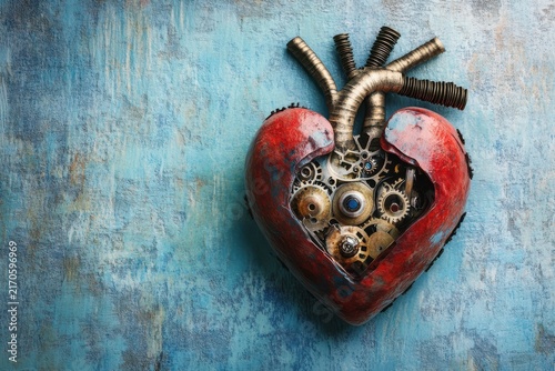 Striking artistic representation of a heart with mechanical gear and pipes