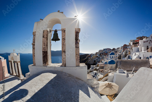 Europe, Greece, Aegean Sea, Cyclades, Thira, Santorini, Oia, View of bell tower in front of the Caldera