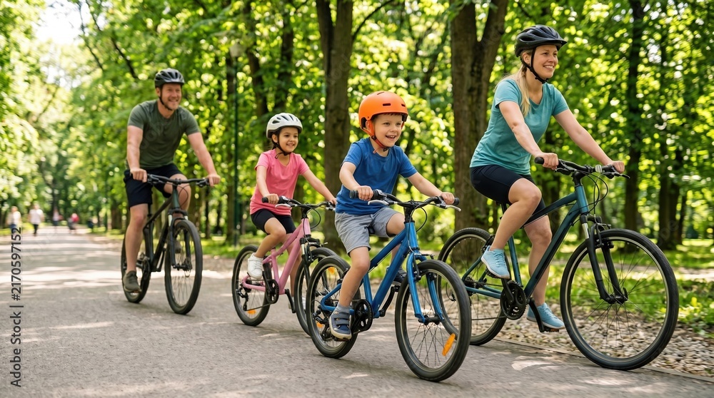 Fototapeta premium Parents and children ride bicycles together on shaded forest path. Concept of bike safety, family recreation and cycling services.