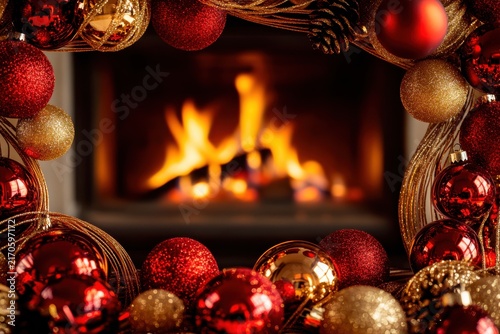 Delicate red and gold glass baubles reflected the warm fireplace for a christmas and xmas holiday event