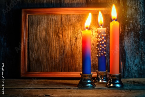 Two burning candles in metal holders on a rustic dark wooden background with soft warm glowing flame