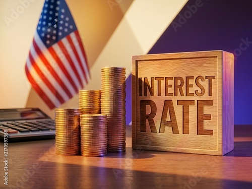 USA interest rate and monetary policy. Fed reserve interest rate. Borrowing costs, inflation control, financial markets, banking decisions, economic growth. US monetary policy, central banking