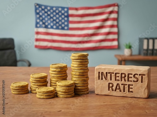 USA interest rate and monetary policy. Fed reserve interest rate. Borrowing costs, inflation control, financial markets, banking decisions, economic growth. US monetary policy, central banking