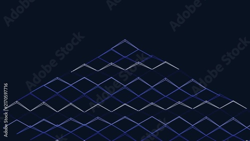 Abstract digital pyramid made of glowing blue neon lines on dark background