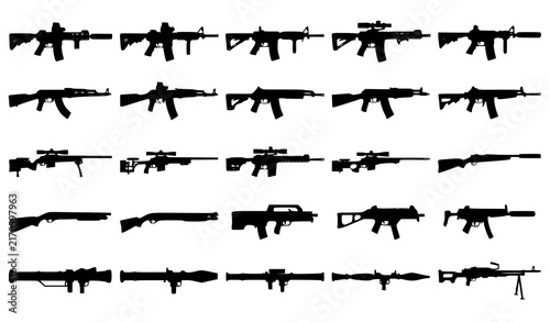 Military Weapons Silhouette Icon Set with Assault Rifles Sniper Guns Shotguns Submachine Guns and Rocket Launchers for Gaming Combat and Security Graphic Designs