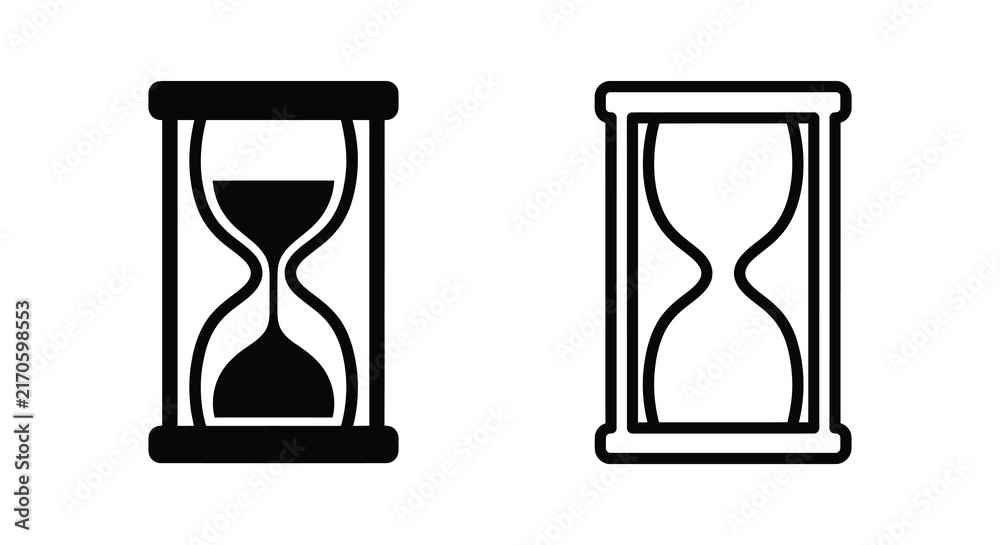 Fototapeta premium Two hourglasses a black fill and a line drawing on a white background