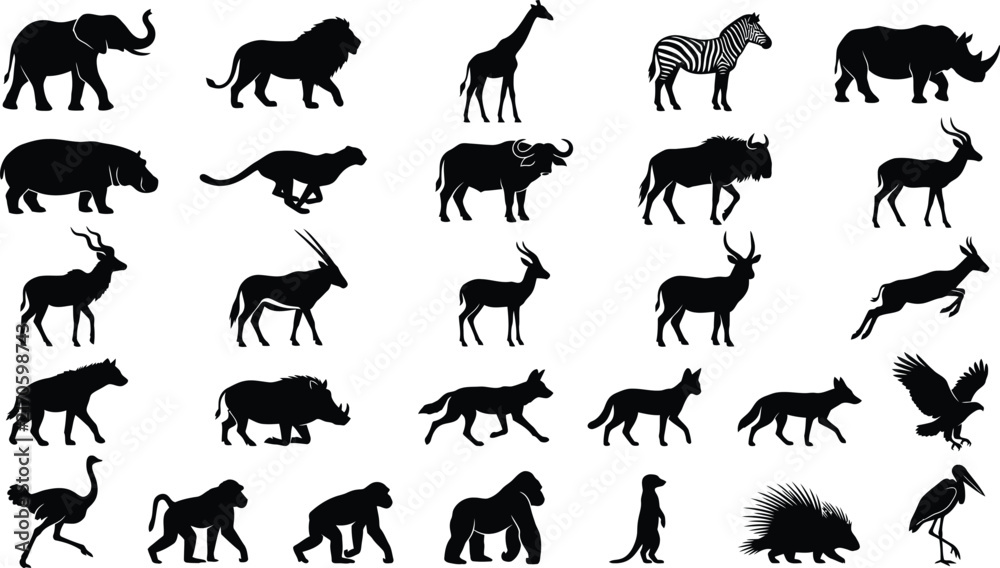 Fototapeta premium Set of wild animals silhouettes on white background with safari animals