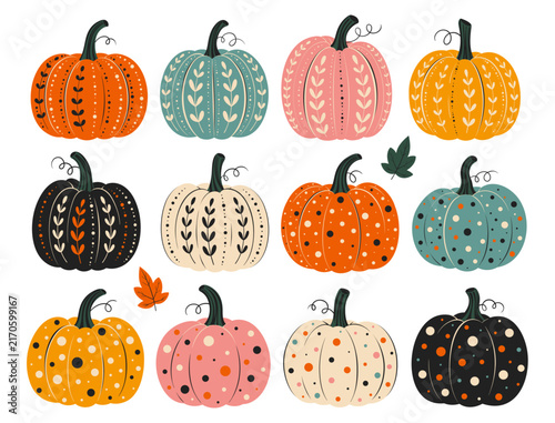 Vector illustration set of colorful pumpkins with decorative leaves, dots and patterns. Collection of autumn design elements isolated on white background.