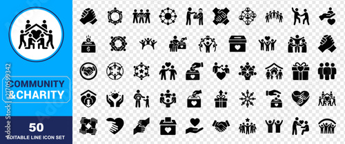 Community Care and Charity Icon Set Featuring Volunteering Teamwork Donation Box Support Friendship Unity Partnership Love Philanthropy and Togetherness Vector Glyphs