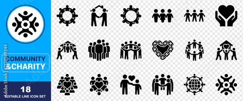 Community Support and Teamwork Icon Set Featuring Unity Friendship Philanthropy Charity Love Togetherness Partnership Care Shelter and Global Connection Vector Glyphs