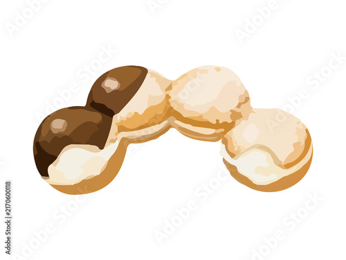 手描き厚塗りの半分にカットしたクリーム入りチョコレートがけモチドーナツイラスト 断面からクリームが見えるドーナツメニュー素材
