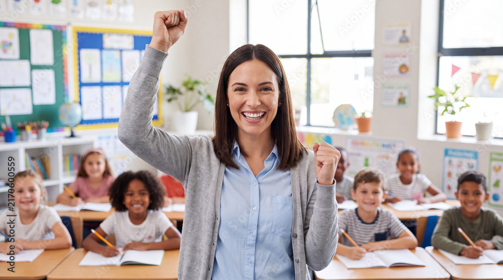 Obraz premium Female teacher celebrates student success in a bright classroom with children engaged at desks, colorful educational materials on the walls