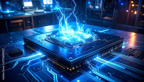 High tech microprocessor with glowing circuitry and electric sparks emphasizing advanced digital technology and innovative computing systems for technological industry applications