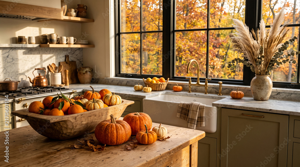 Naklejka premium Autumn kitchen scene with pumpkins and oranges, symbolizing harvest and cozy season, suitable for lifestyle or seasonal themes