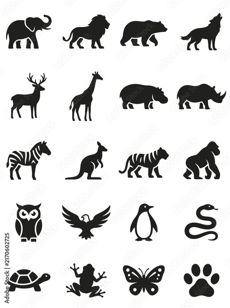 Fototapeta premium Wild Animal Silhouettes Vector Black Icons Set