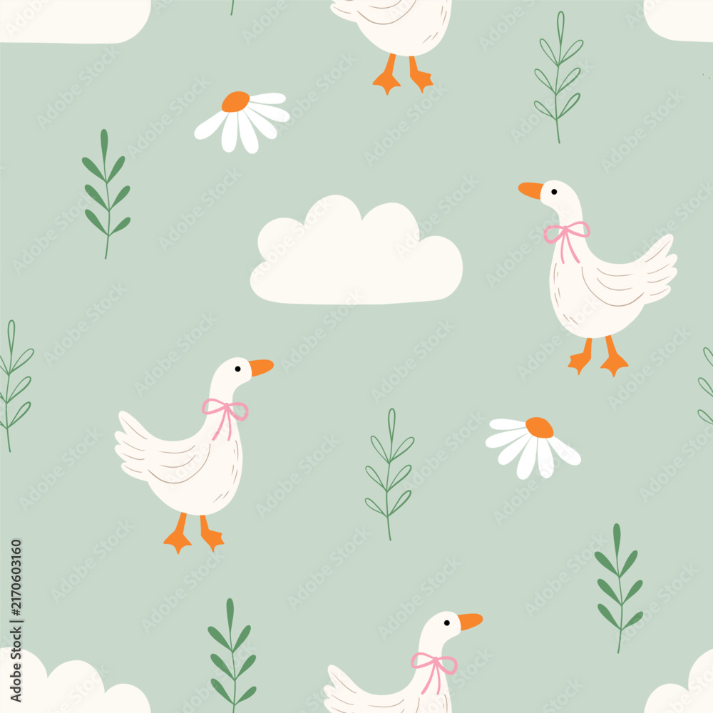 Fototapeta premium Cute white duck vector seamless pattern with daisies, leaves, and clouds on soft sage green background for nursery decor, baby clothing, and textile design.