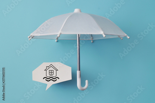 Obraz na płótnie White umbrella protecting a house symbol with water waves, representing home insurance and protection against flooding or water-related property damage