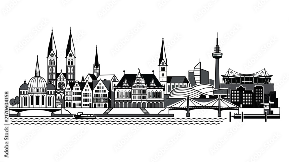 Naklejka premium Cityscape Skyline with River and Bridges