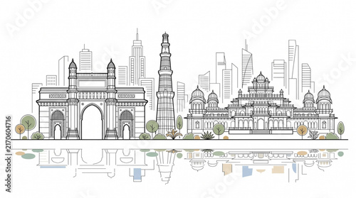 Delhi skyline illustration features India Gate Qutub Minar and Red Fort landmarks
