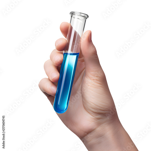Hand Holding Test Tube with Blue Laboratory Liquid