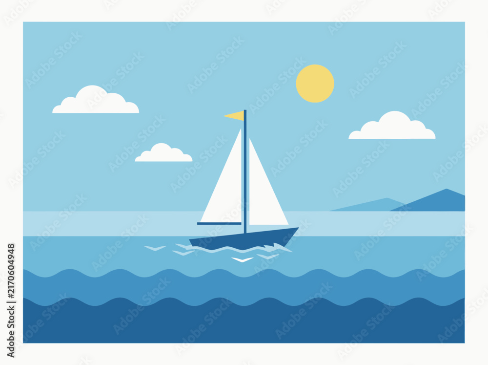Naklejka premium Minimalist flat vector illustration of a blue sailboat with white sails on wavy ocean water.