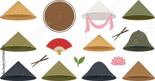 Asian conical hat vector set featuring traditional straw bamboo rice hats non la top view white hat with ribbons paper fan chopsticks and lotus flower icons