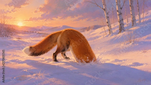Red fox diving headfirst into deep snow while hunting at winter sunrise, a playful wildlife illustration for animal behavior, cold forests, seasonal survival and energetic predator action