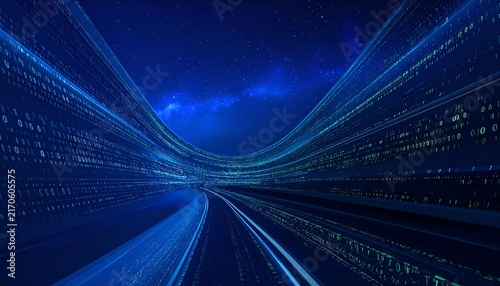 Obraz na płótnie Abstract Digital Highway - Fast Data Stream, Blue Speed Motion Blur, Binary Code