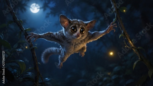 Bushbaby leaping between jungle vines beneath a full moon and glowing fireflies, a whimsical nocturnal wildlife illustration for big-eyed primates, rainforest animals and agile movement