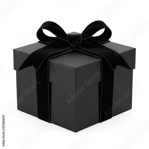 Black gift box with decorative bow on top isolated on white background