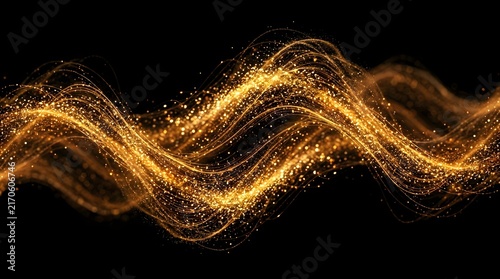 Abstract golden sparkling light wave with glowing dust particles on black background for elegant design backdrop
