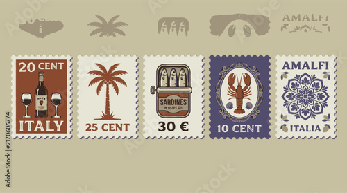 Collection of vintage Italian postage stamps featuring iconic symbols for travel