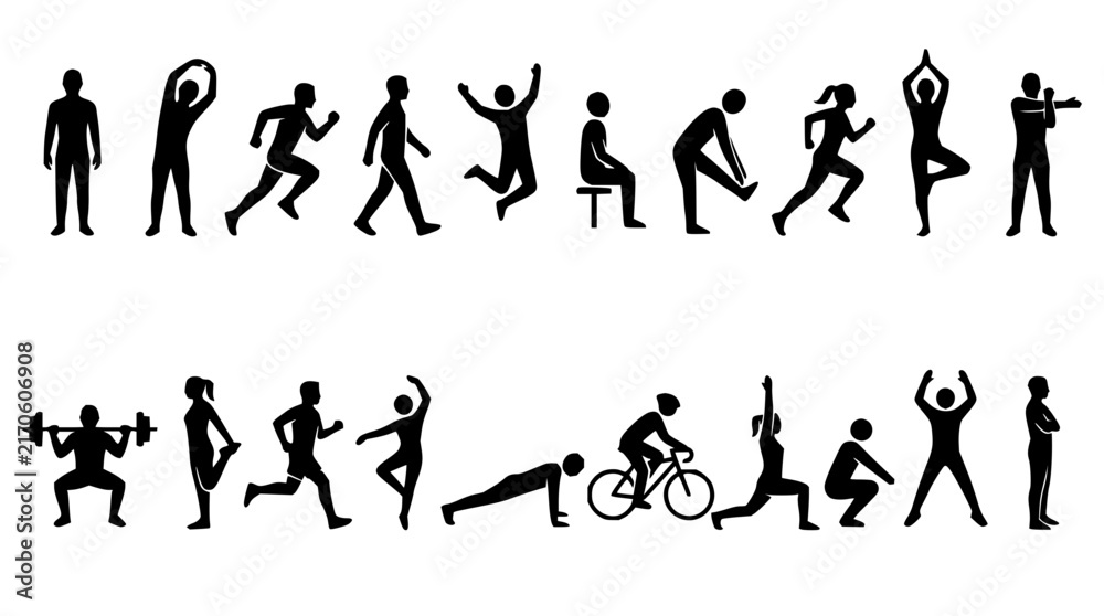 Obraz premium Human figures set with silhouette poses featuring standing, running, jumping, stretching with weightlifting and cycling