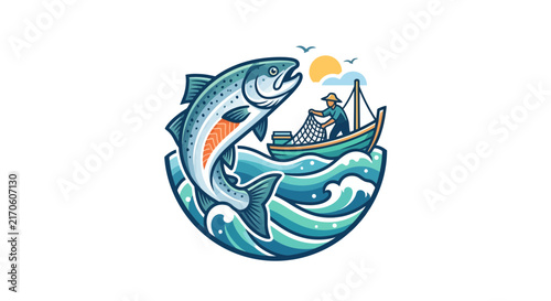 Big fish jumping out of ocean near fishing boat.