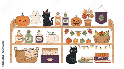 Autumn shelf with pumpkins and cat decor.