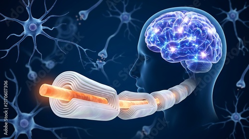 3d illustration of a human brain and a myelinated nerve fiber showing the myelin sheath structure and neural connections in a dark blue background