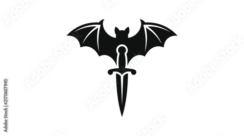 Bat wings silhouette holding a central medieval dagger blade.