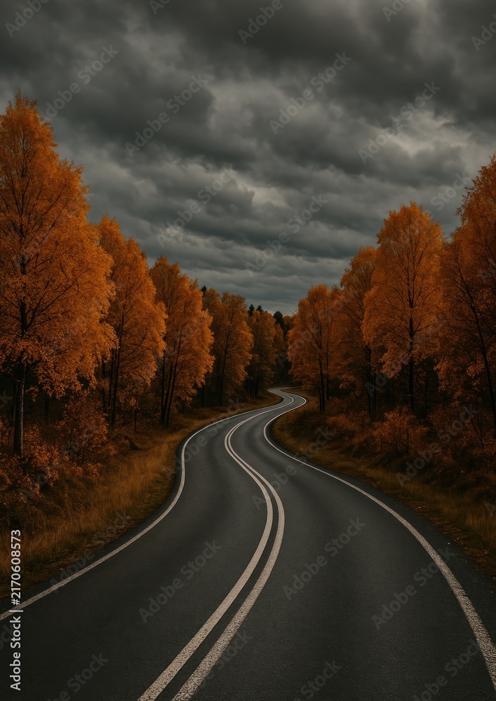 Naklejka premium Winding road through autumn forest