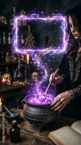 A witch stirs a purple potion in a cauldron, surrounded by occult items and glowing magic, symbolizing enchantment and mystery, perfect for fantasy themes.