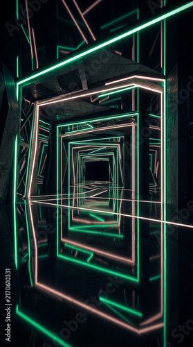Dark concrete corridor with repeating geometric neon light frames, symbolizing futuristic design, technology, and digital spaces