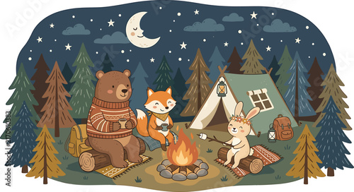 Bear fox and rabbit sitting by a campfire in a forest vector illustration with campfire wildlife adventure illustration friendship peaceful children landscape wilderness